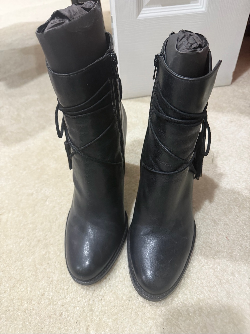 Vince Camuto Black Leather Ankle Boots with Wrap and Tassel